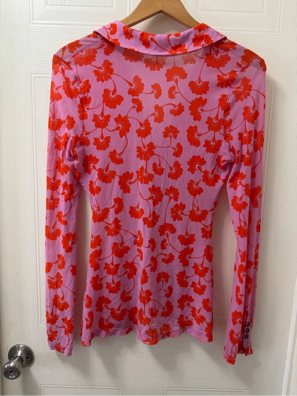 Free People Pink Button-Down Top with Red Floral Print